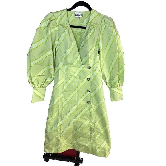 Ganni Green Dress with puff sleeves Midi suze 34 US 2 - Picture 9 of 16